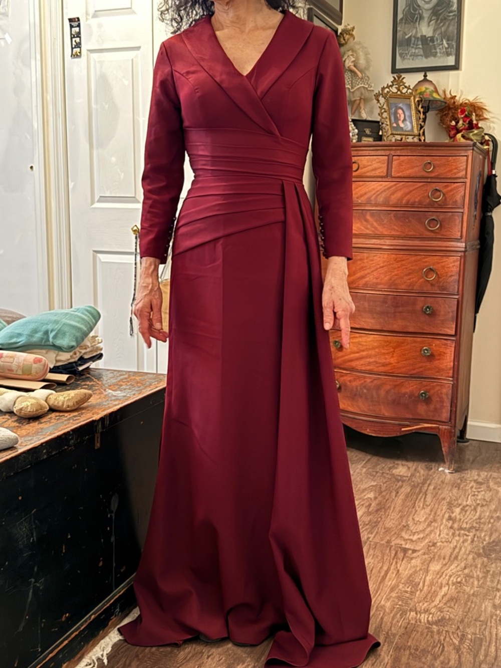 Elegant Burgundy Wrap-Style Evening Dress